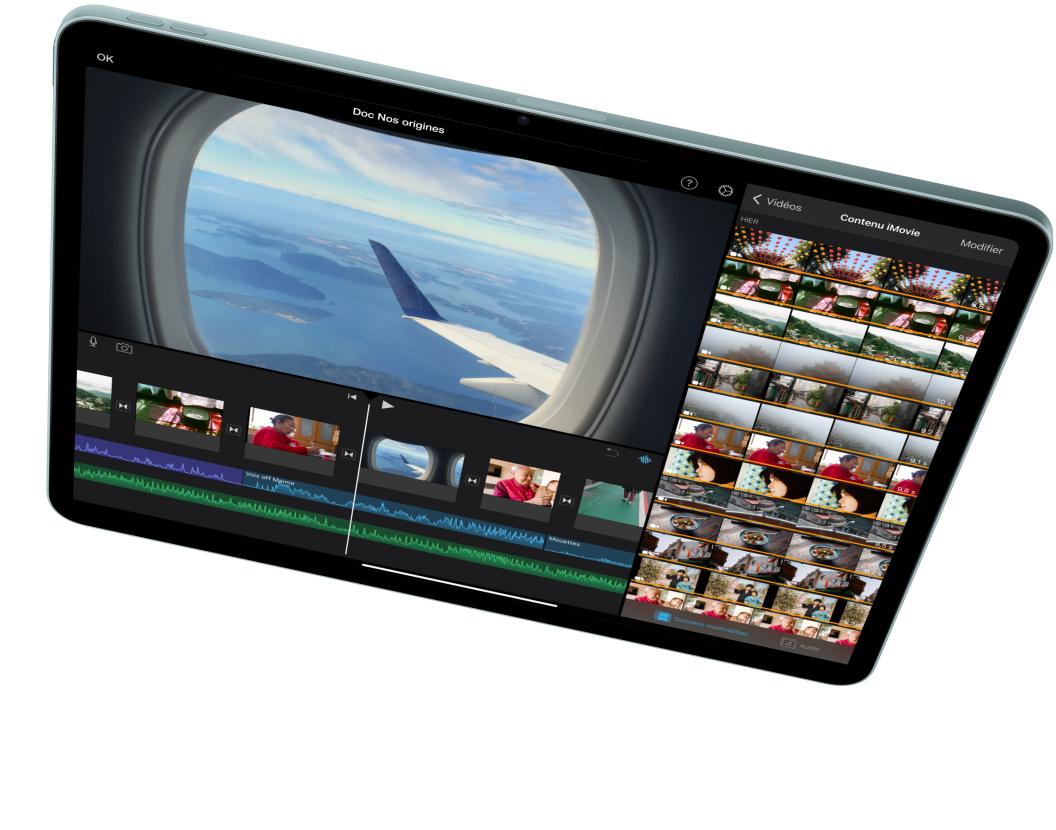 iPad Air en mode paysage, mettant en avant le montage vidéo dans iMovie