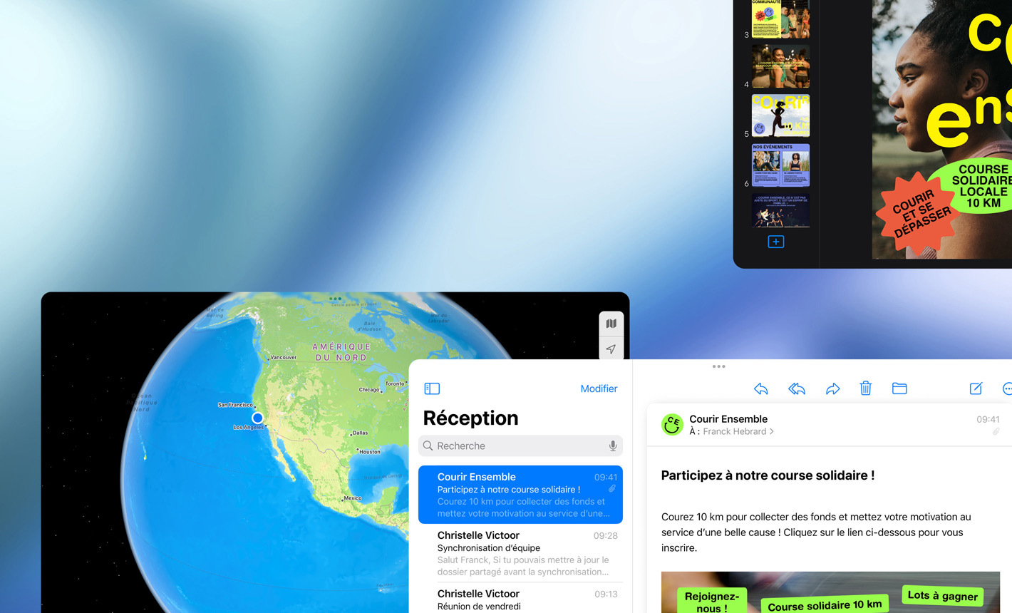 Plusieurs écrans affichant différentes apps en cours d’utilisation, mode paysage