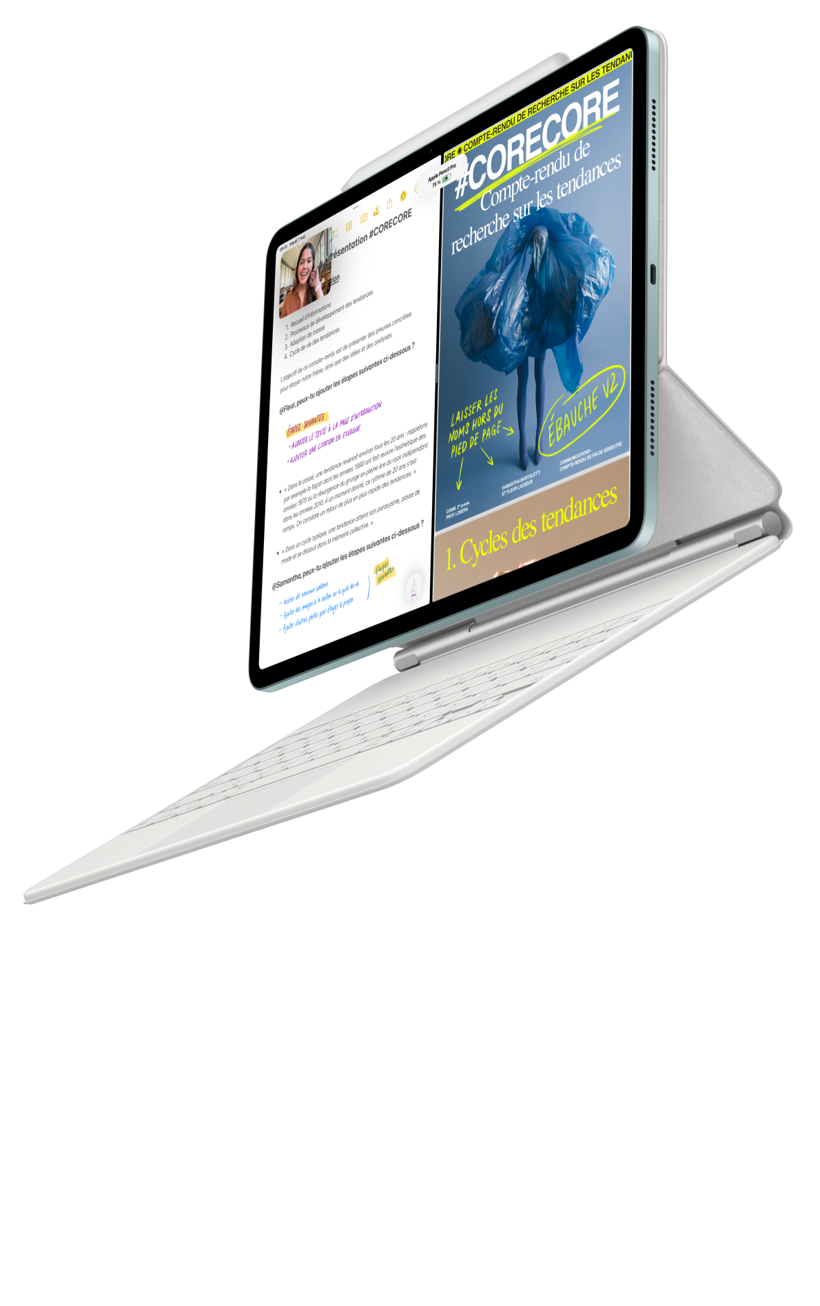 iPad Air se connectant au Magic Keyboard et à un Apple Pencil Pro